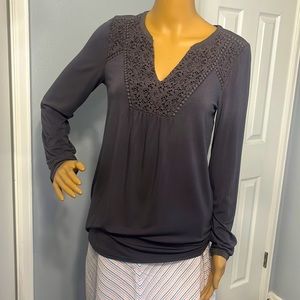 Boden crochet lace yoke long sleeve Henley slate gray blouse